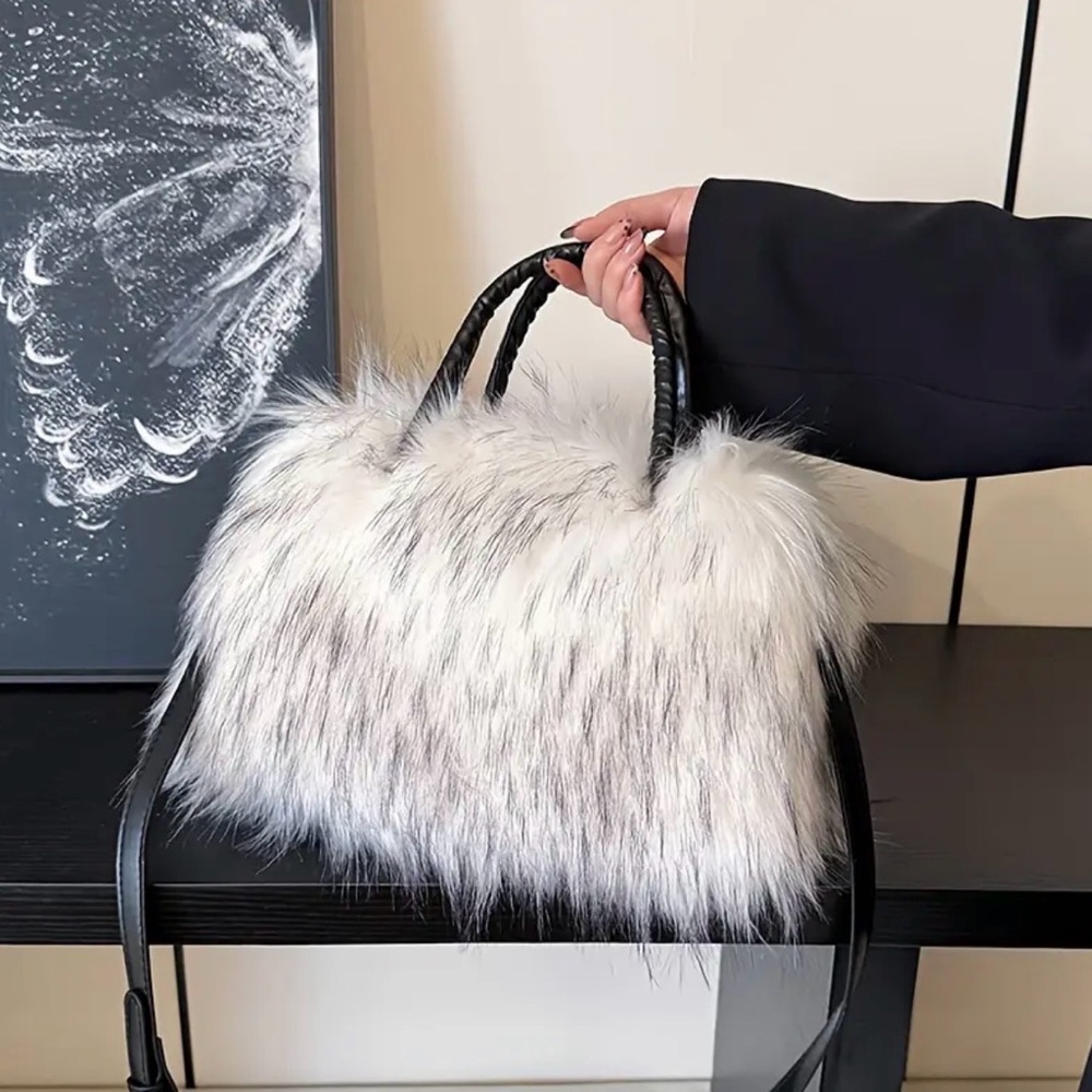 Faux Fur Handbag - Black and White